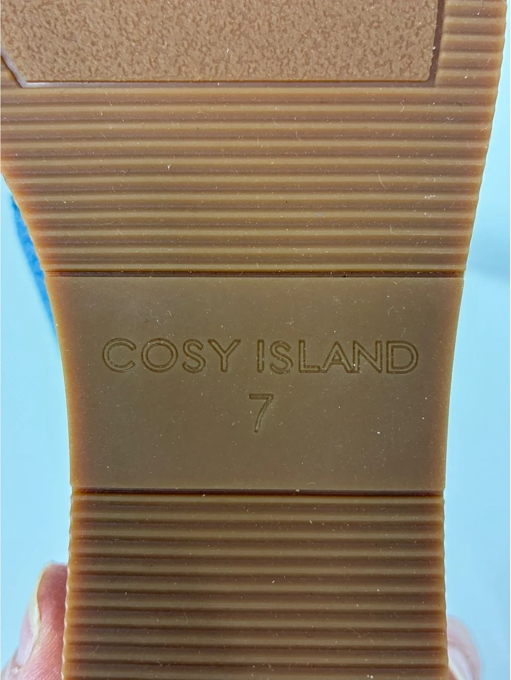Cosy Island CorkLuxe H-Band Square Toe Blue Fabric Wedge Sandal Women's Size 7